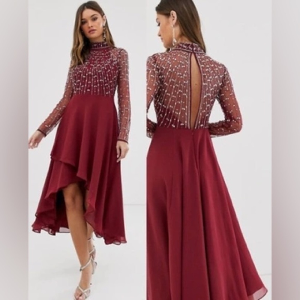 Asos Design Midi Dress Holiday Party Embellished Mesh Beaded Bodice Wine NWT 4